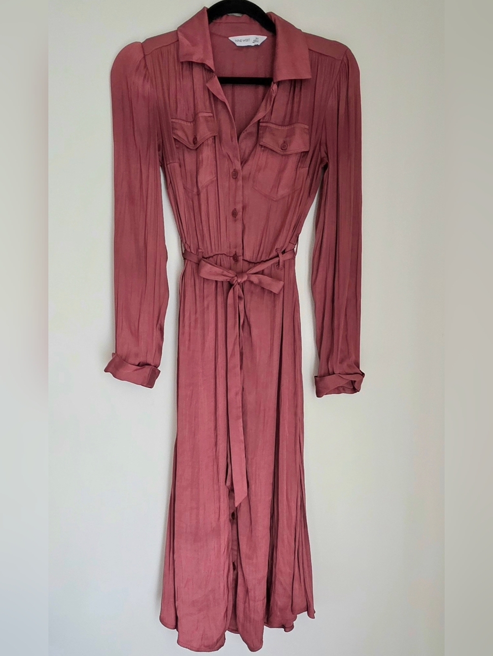 Nine West Rose Long Sleeve Button-Front Shirt Dress w/Tie Waist  Size XS